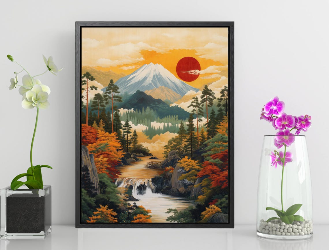 Mount Fuji Red Sun Autumn Waterfall Vintage Japanese Landscape Poster