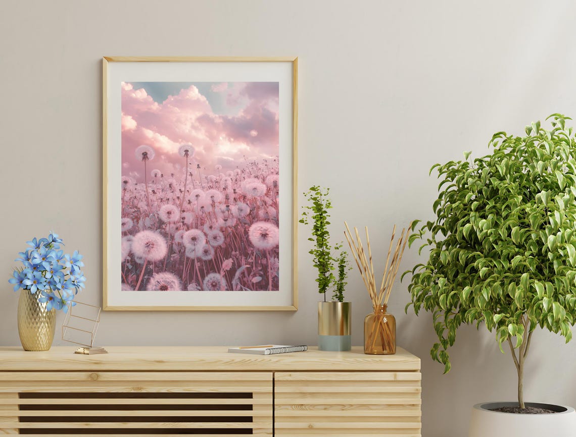 Pink Dandelion Seed Heads Field Dreamy Pastel Sky Botanical Art Poster - Image 3