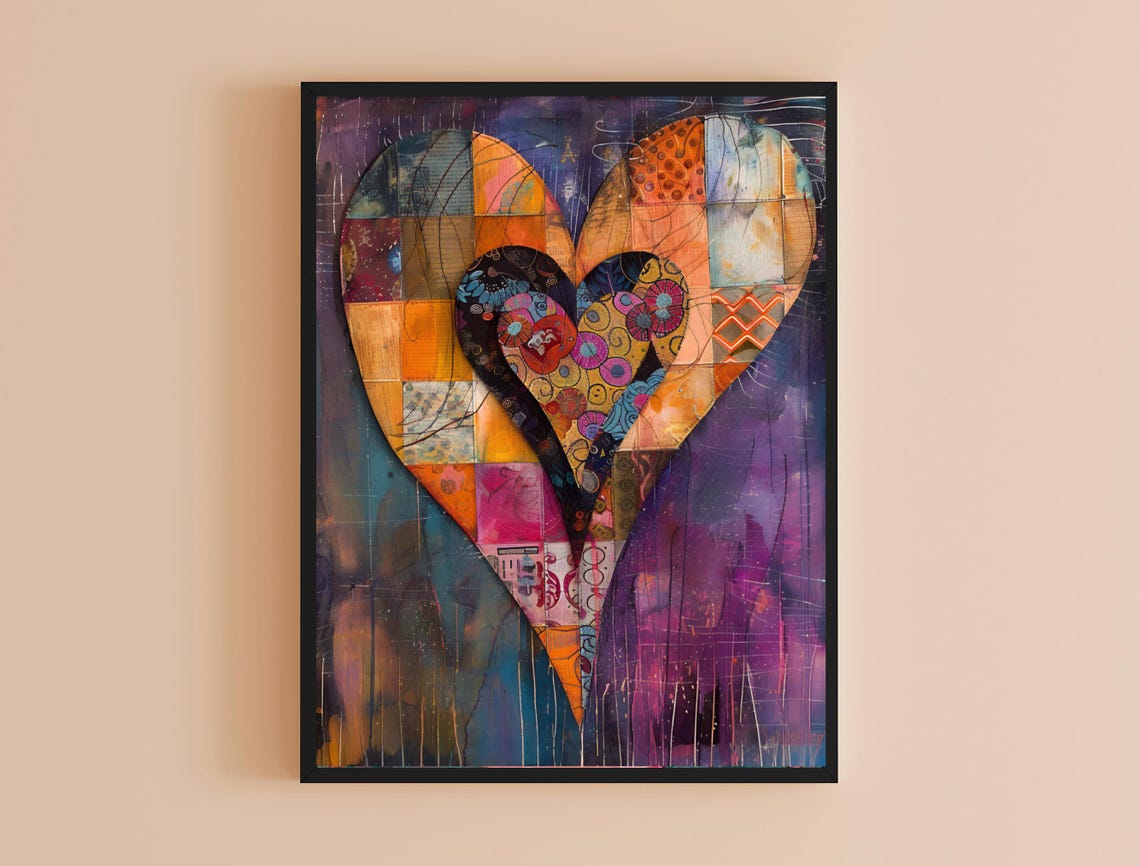 Patchwork Heart Collage Orange Purple Maximalist Abstract Art Print - Image 4