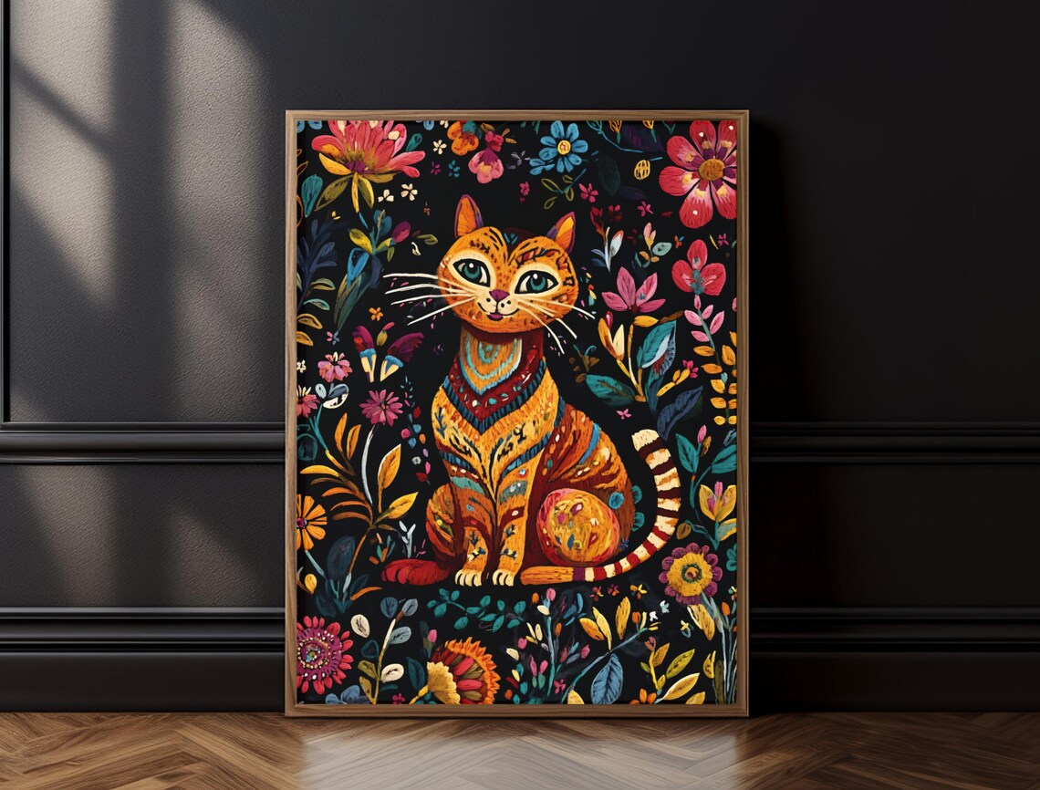 Wide Eyed Orange Tabby Cat Colorful Floral Black Background Print