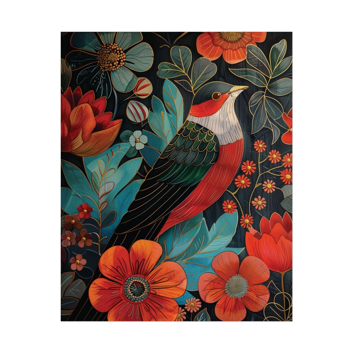 Red Breasted Bird Klimt Style Illustration Dark Floral Maximalist Poster - Image 2