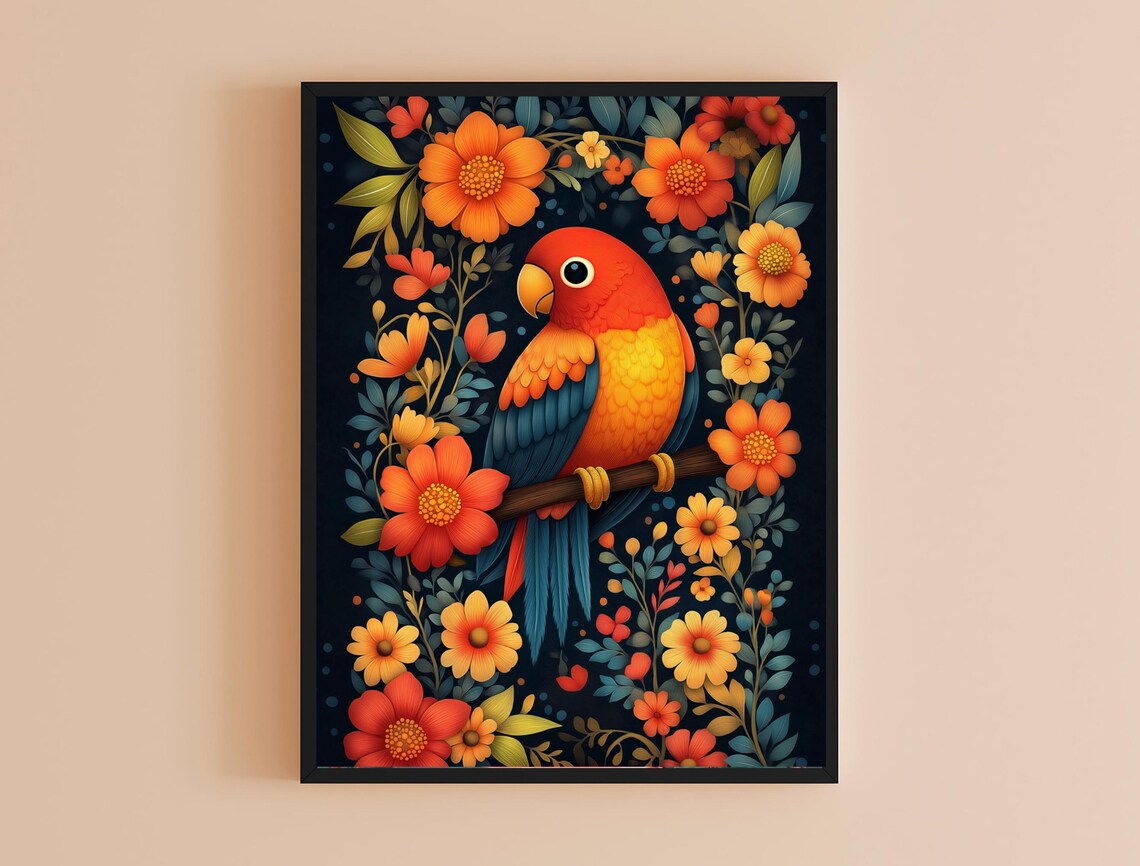 Red Gold Parrot Blue Wings Floral Dark Background Tropical Bird Print - Image 3