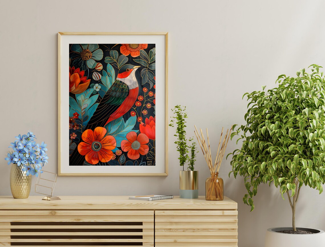 Red Breasted Bird Klimt Style Illustration Dark Floral Maximalist Poster - Image 4