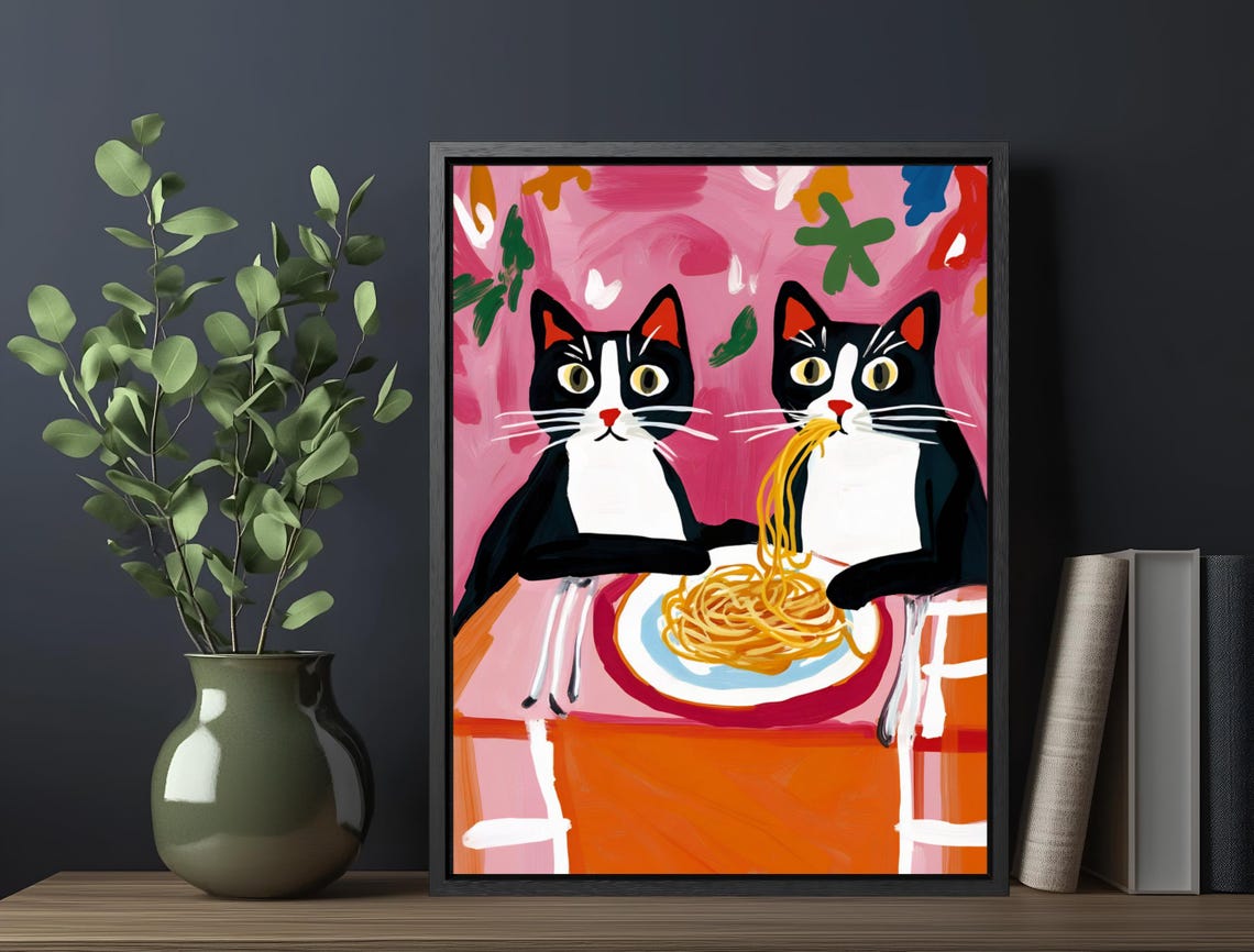 Two Tuxedo Cats Sharing Spaghetti Quirky Pink Kitchen Art Poster - Image 6