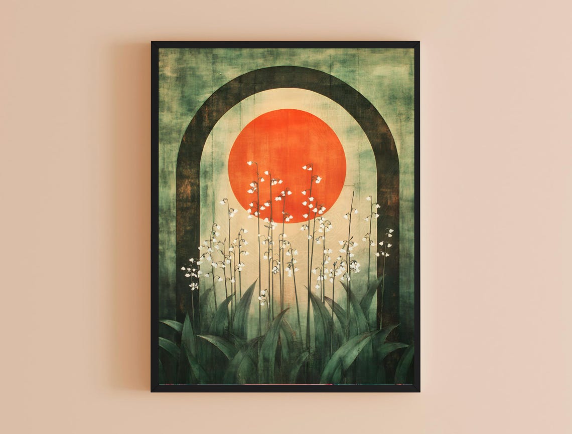 Lily of the Valley Red Sun Arch Vintage Botanical Flower Poster