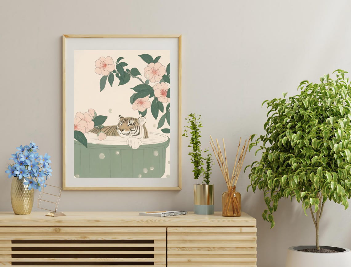 Tiger Cub Bathing Cherry Blossom Japanese Minimalist Animal Poster - Image 3