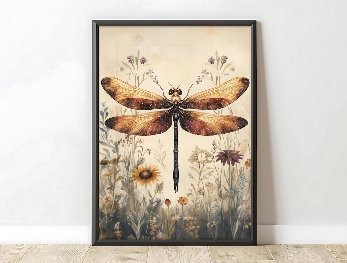 Copper Dragonfly Wildflower Meadow Vintage Botanical Wall Art Print - Image 6