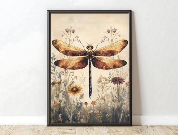 Amber Dragonfly Sunflower Meadow Vintage Nature Wall Art Print