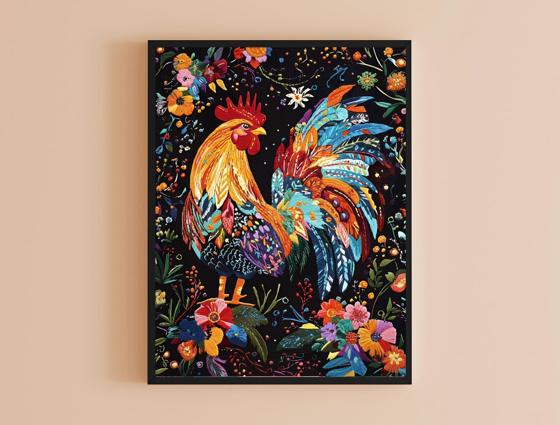 Proud Colorful Rooster Rainbow Tail Feathers Floral Dark Art Print - Image 4