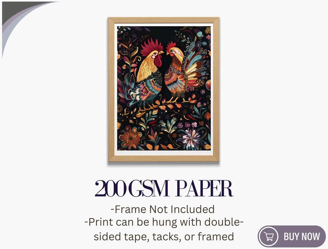 Two Colorful Roosters Folk Art Floral Dark Background Farm Print - Image 5