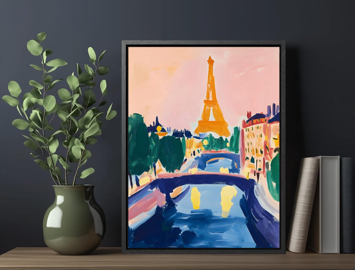 Eiffel Tower Seine Bridge Paris Pink Sky Painterly Travel Wall Poster - Image 6