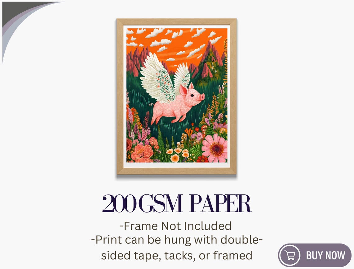 Flying Pig Over Flower Field Sunset Mountains Whimsical Poster - Image 5