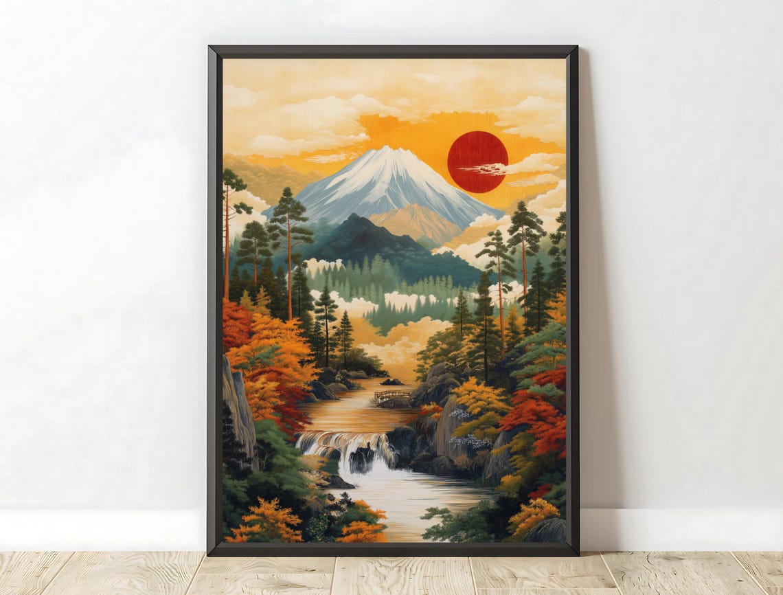 Mount Fuji Sunset Waterfall Vintage Japanese Mountain Travel Poster