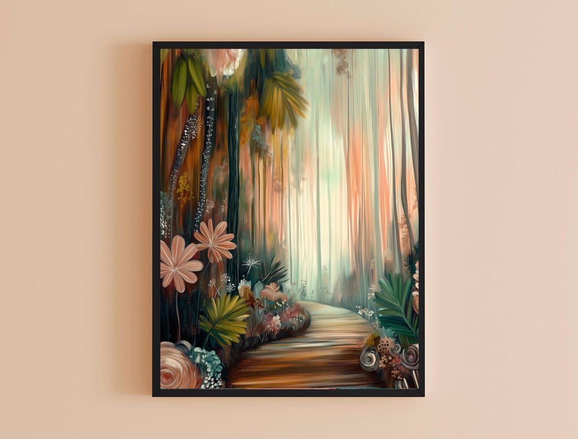Tropical Forest Path Peach Flowers Misty Watercolor Landscape Poster
