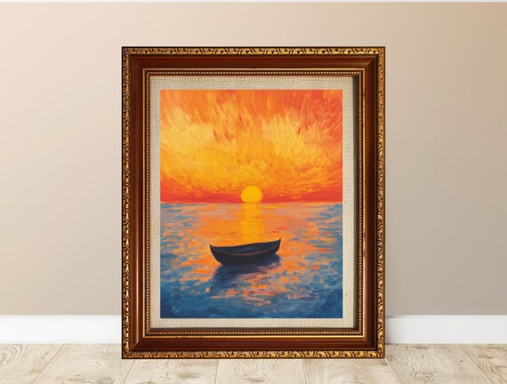 Colorful Sunset Art Print Van Gogh Inspired Vintage Coastal Seascape Bold Maximalist Wall Dcor For Home Office