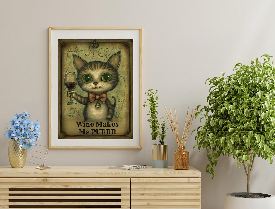 Wine Makes Me Purrr Tabby Kitten Wine Glass Funny Vintage Cat Art Poster - Image 3