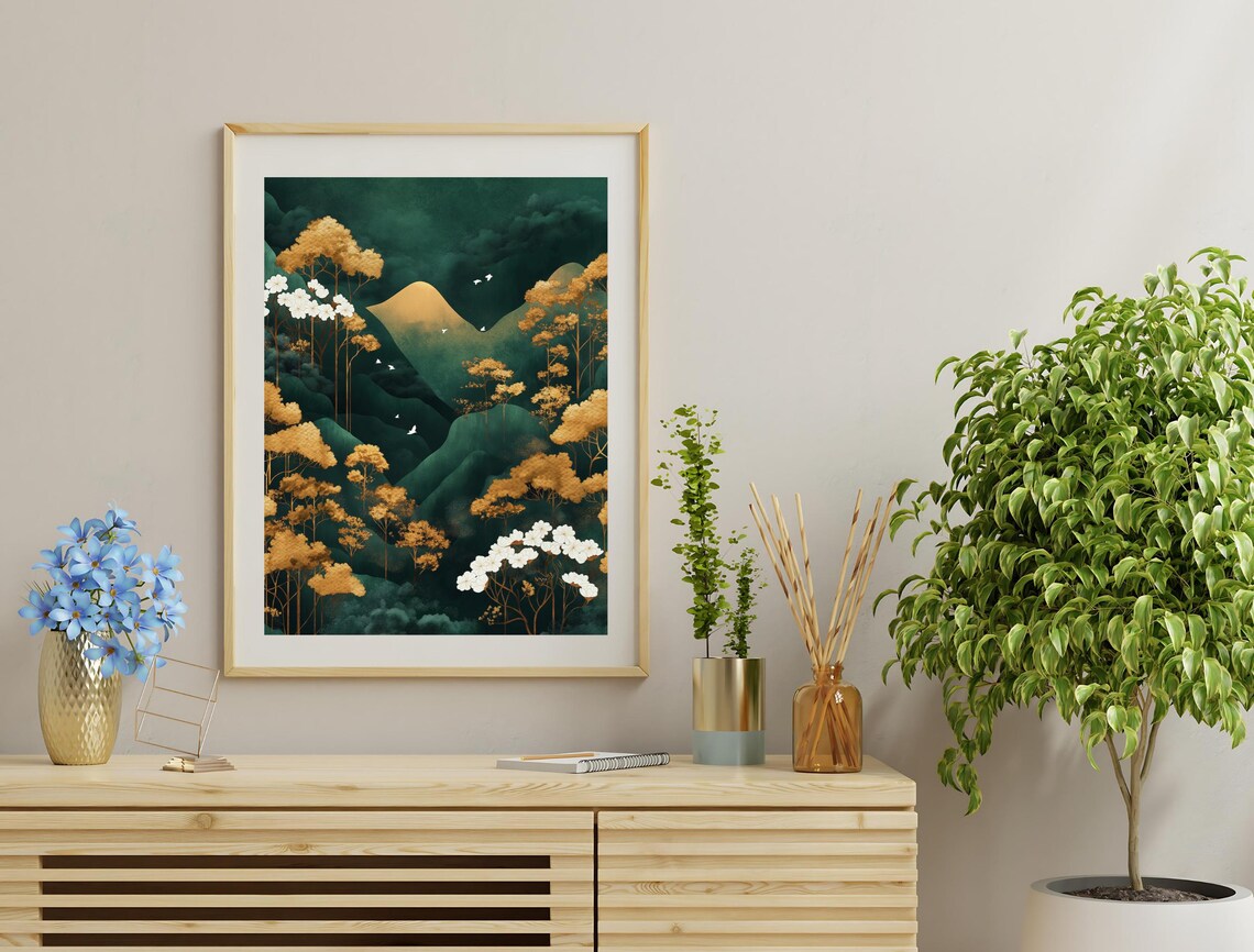 Misty Green Mountain Valley Golden Trees White Blossoms Birds Art Print - Image 4