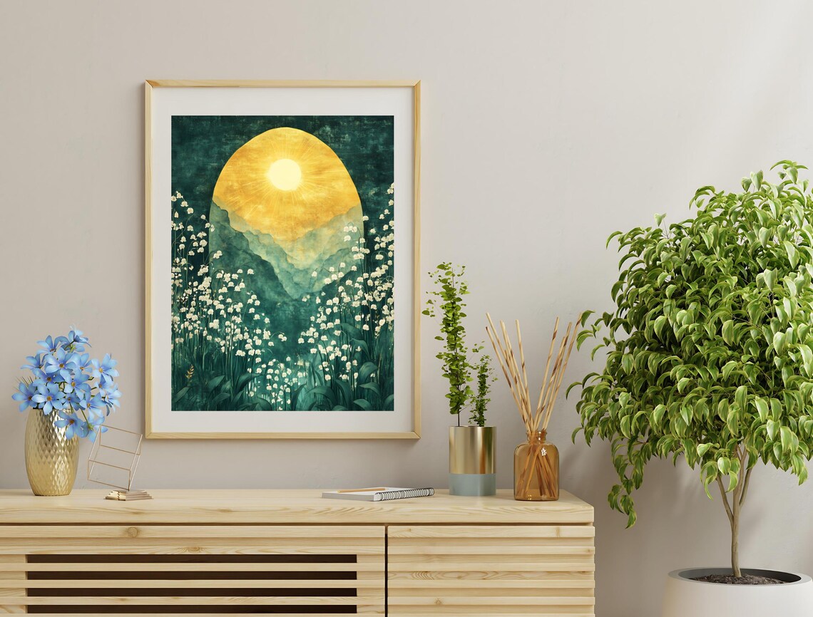 Misty Mountain Sunrise White Flower Field Dreamy Nature Poster - Image 3
