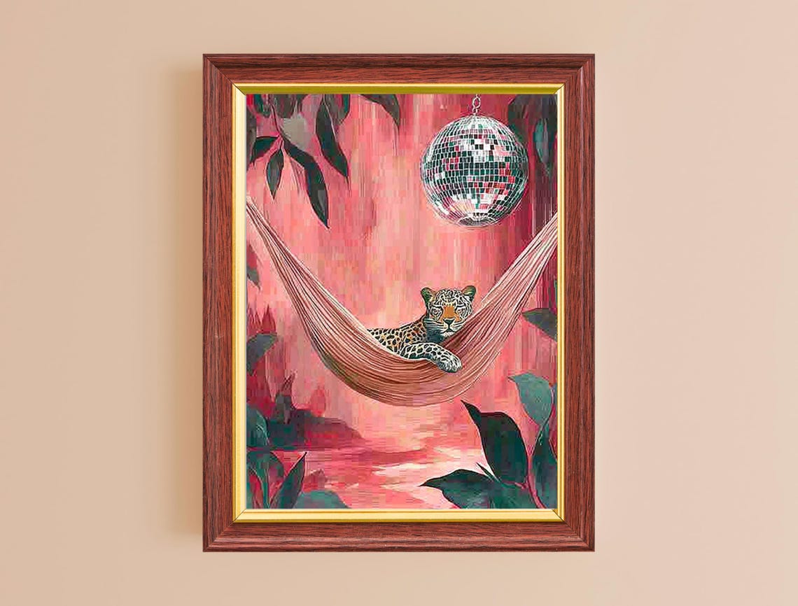 Leopard Lounging Pink Hammock Disco Ball Tropical Jungle Art Poster - Image 2
