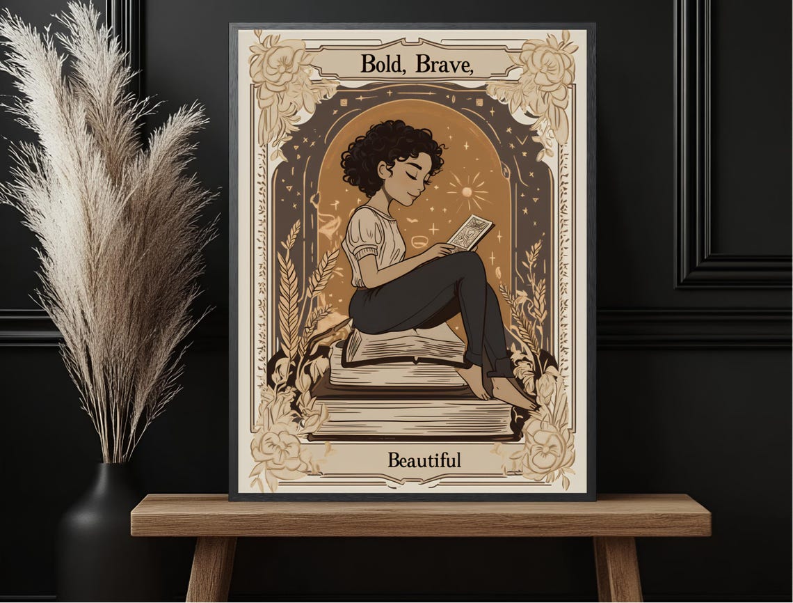 Bold Brave Beautiful Reading Girl Cream Floral Affirmation Poster - Image 6