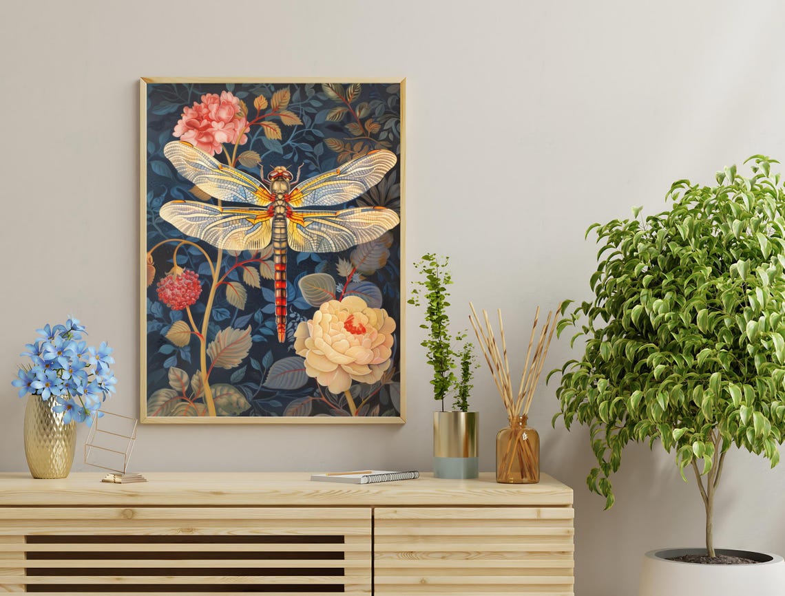Dragonfly Botanical Art Nouveau Dark Navy Vintage Nature Wall Poster - Image 3