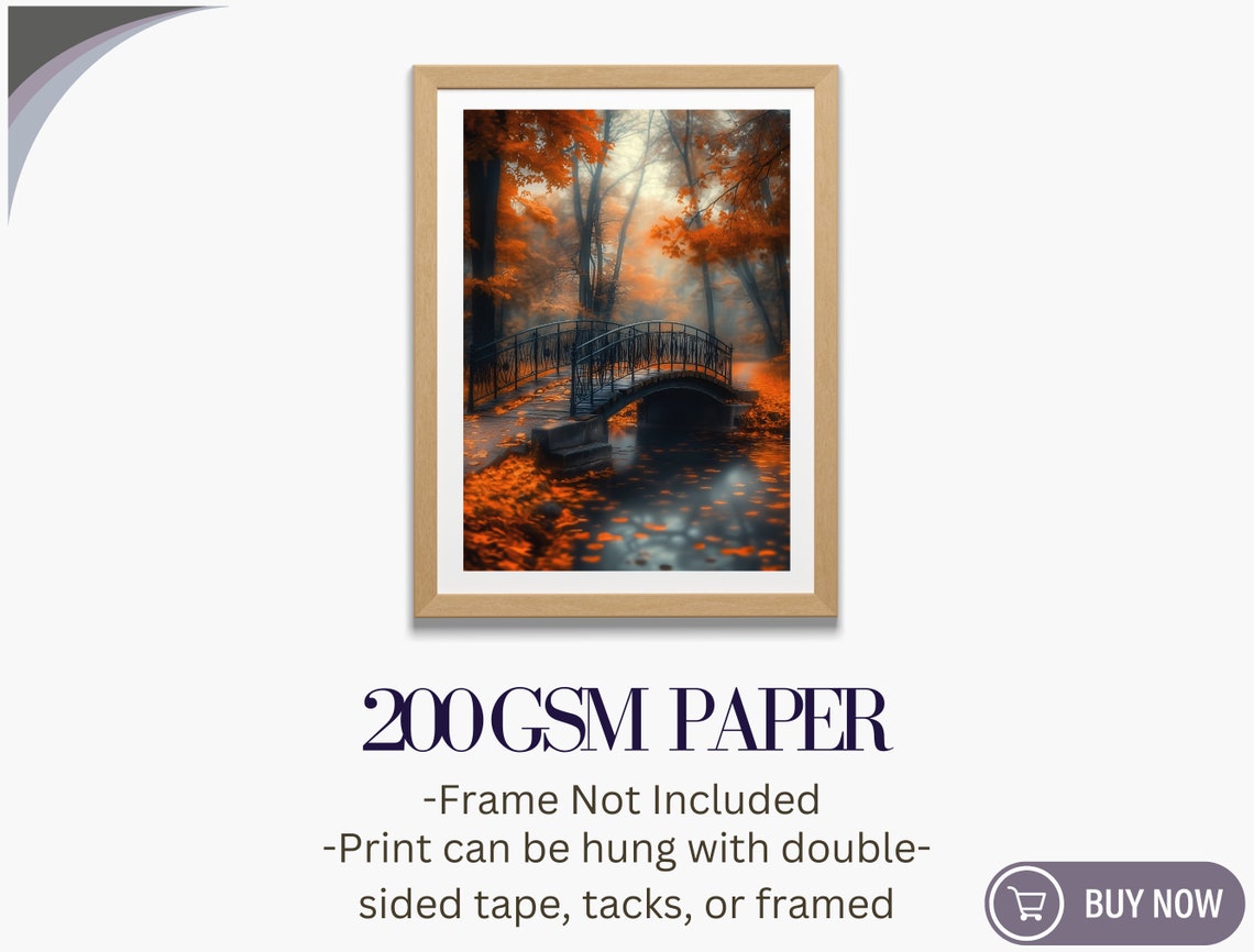 Misty Autumn Park Iron Bridge Falling Leaves Fall Landscape Art Poster - Image 6