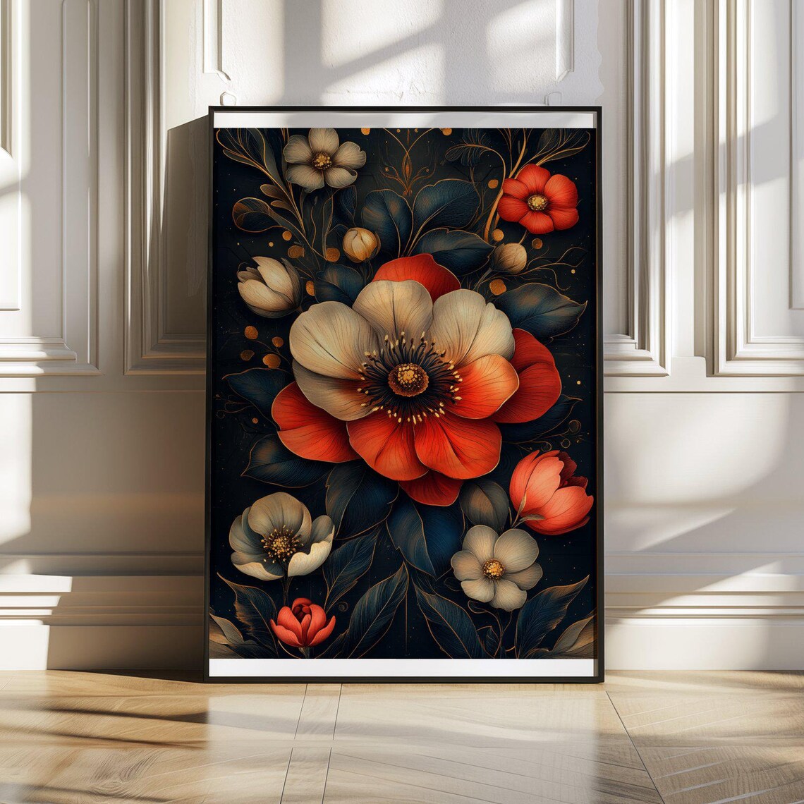 Moody Red And White Flowers On Dark Botanical Floral Wall Art