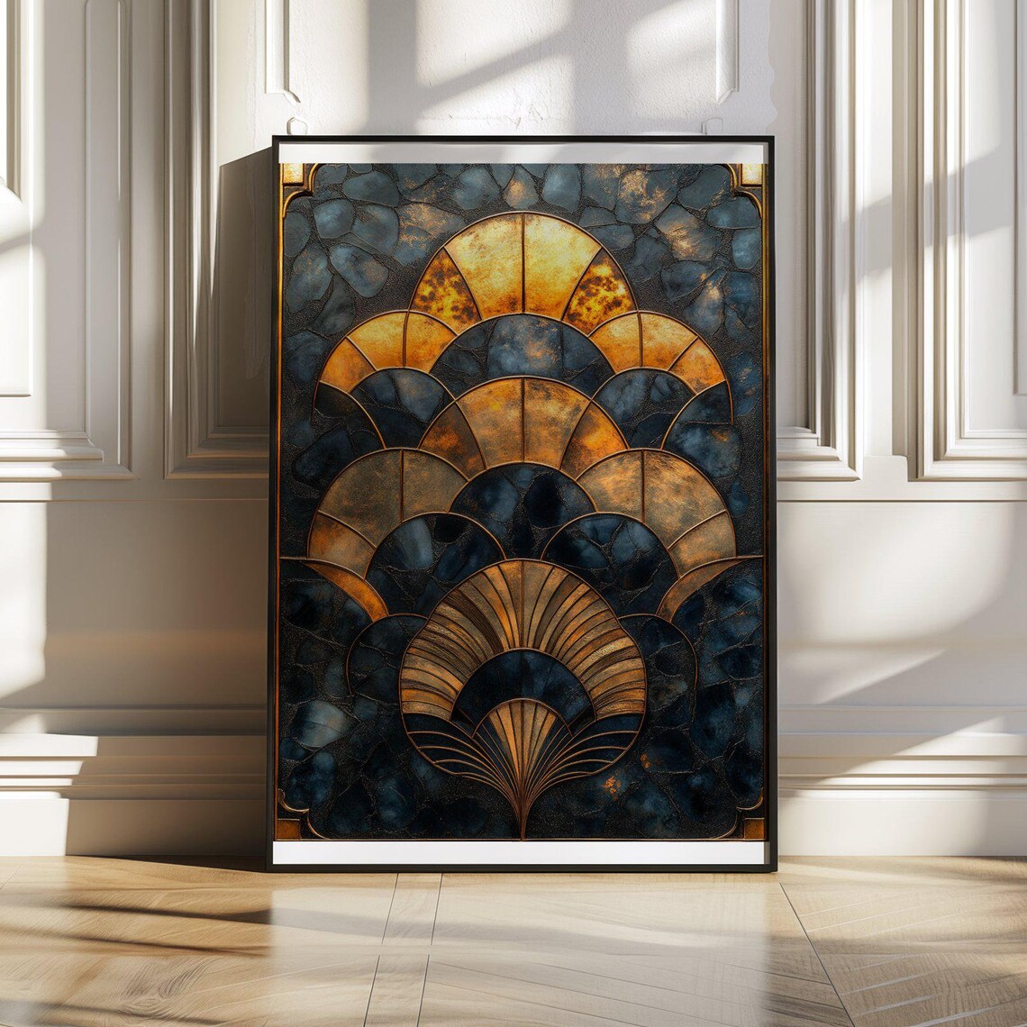 Art Deco Golden Fan Pattern on Navy Blue Stained Glass Style Poster