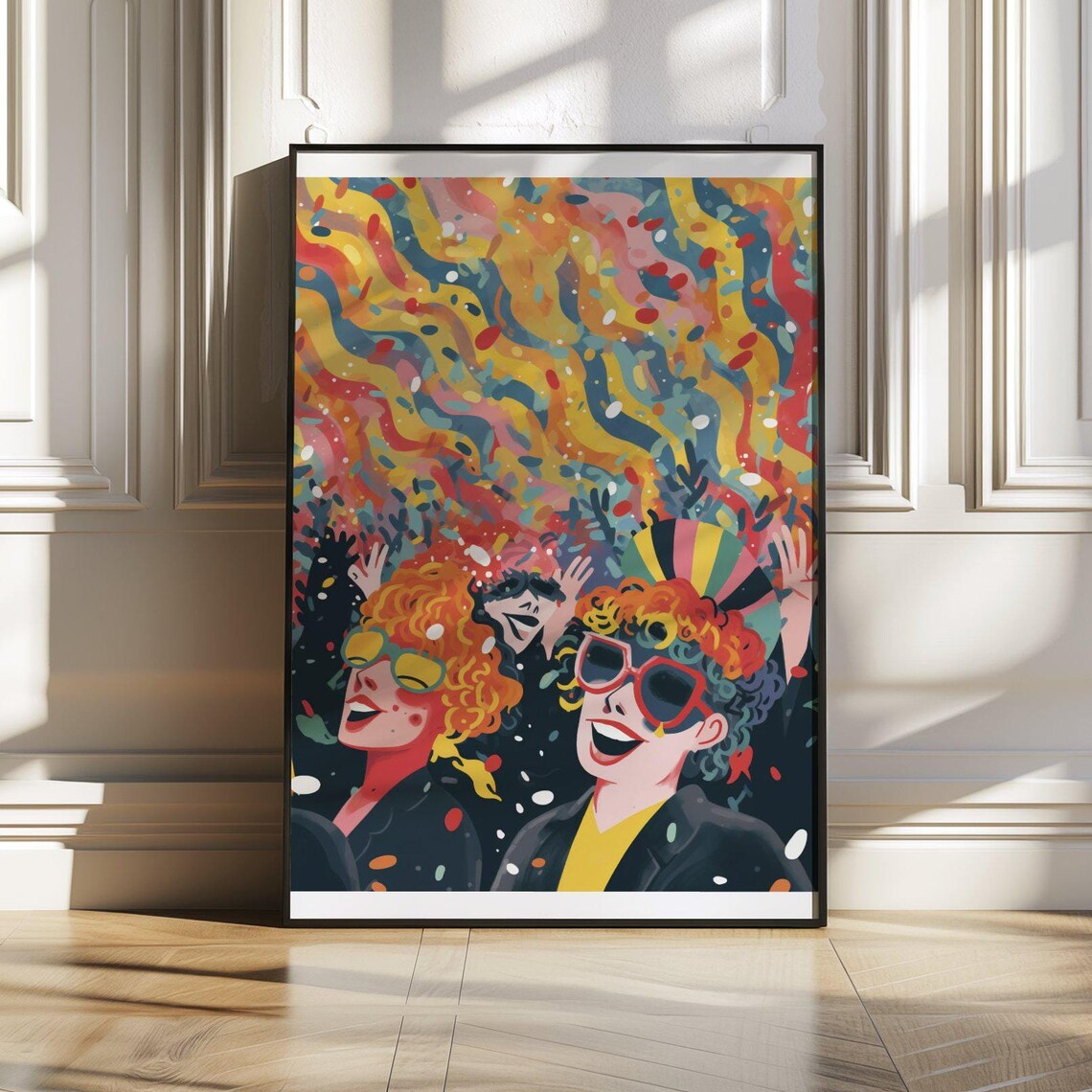 Joyful Carnival Party Scene With Confetti and Happy Dancers Poster