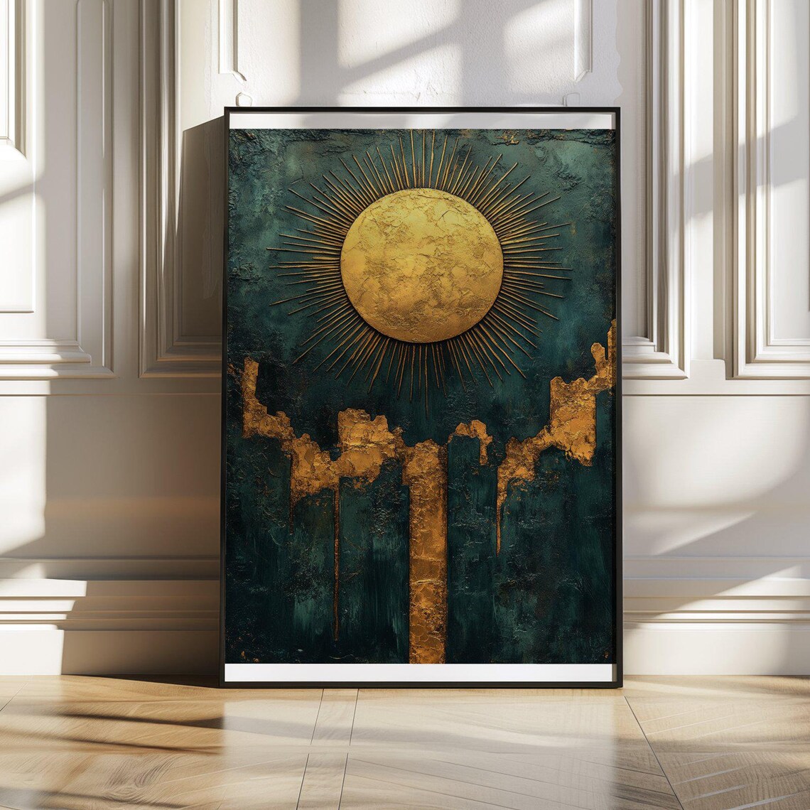 Gold Sunburst Abstract Poster On Dark Teal Textured Background