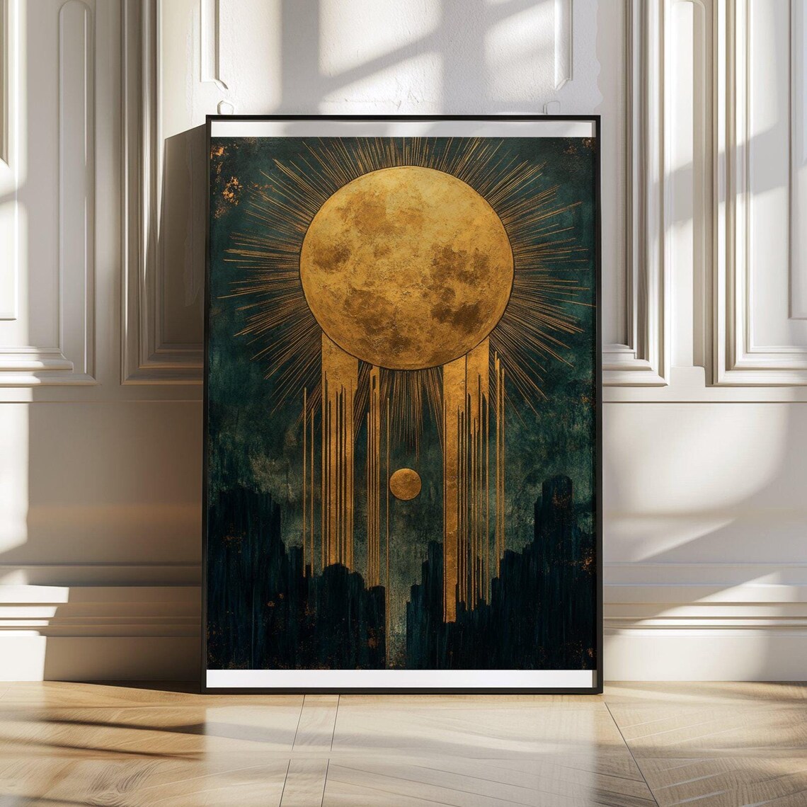 Molten Golden Sun With Dripping Rays Rising Over a Dark City Poster