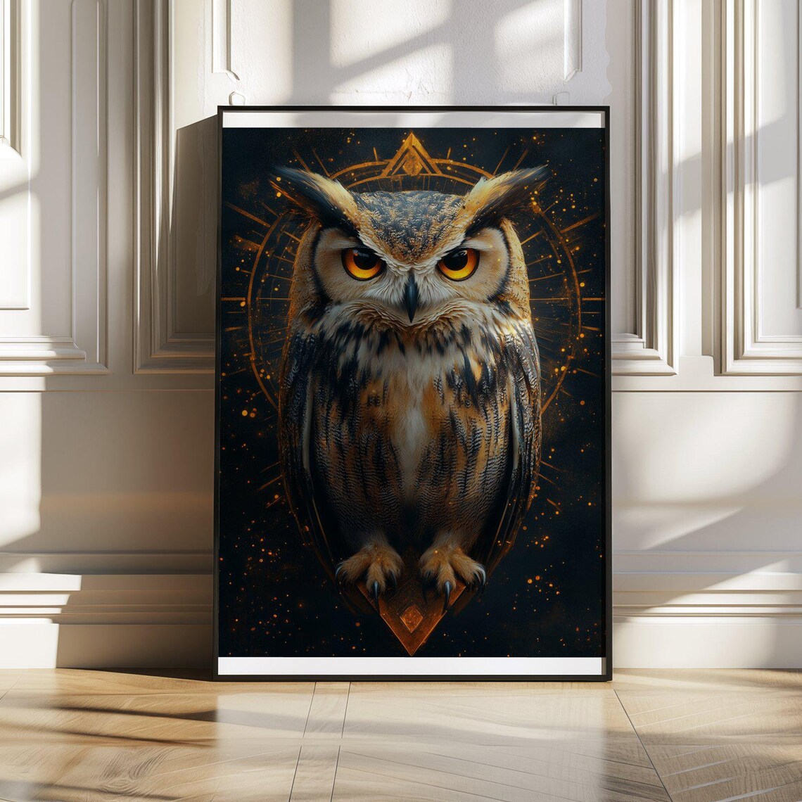 Great Horned Owl With Piercing Orange Eyes and Golden Halo Poster