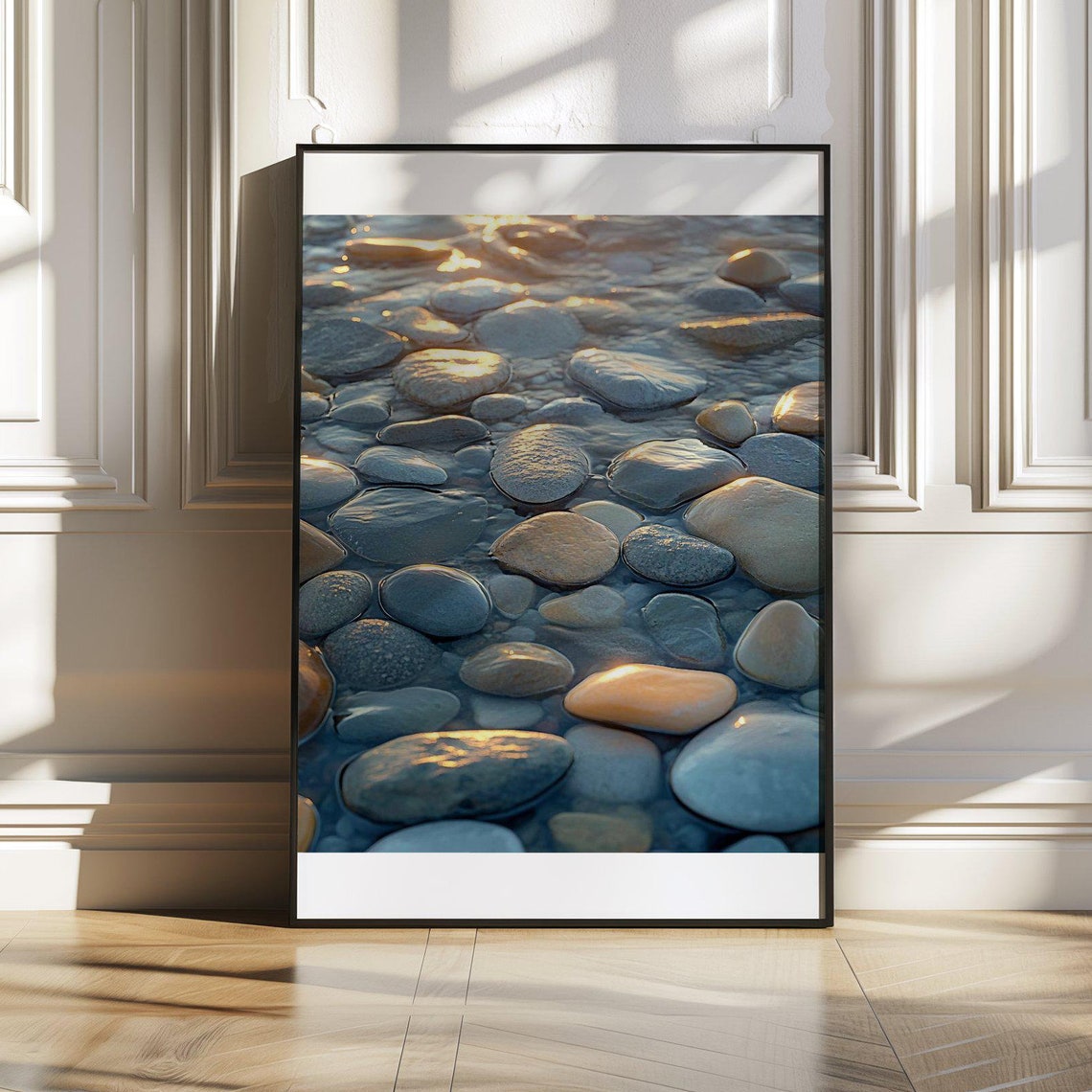 Golden Sunlight Glowing on Smooth Wet Pebbles Coastal Art Poster