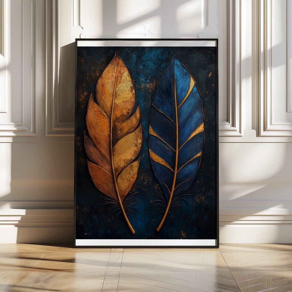 Golden and Sapphire Leaves With Gold Veining on Dark Teal Poster