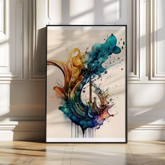 Acoustic Guitar Dissolving Into Teal And Gold Watercolor Splash Poster