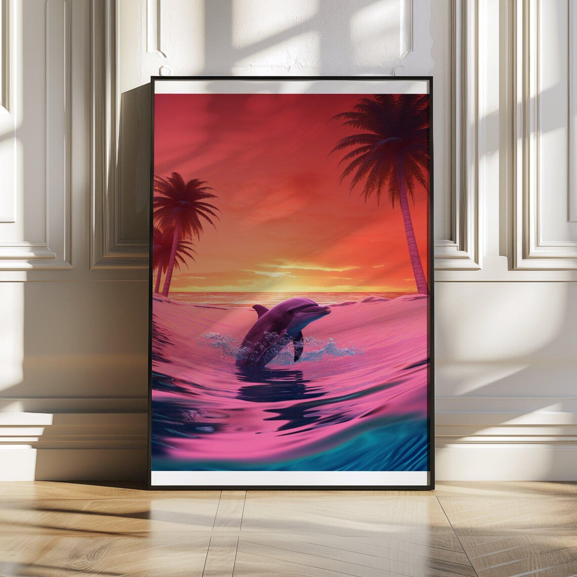 Dolphin Leaping at a Fiery Pink Tropical Sunset With Palms Poster