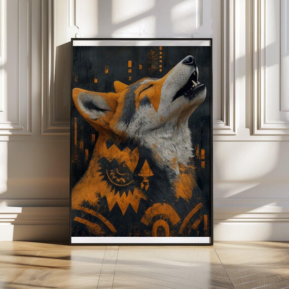 Howling Wolf Geometric Poster With Orange and Black Tribal Style