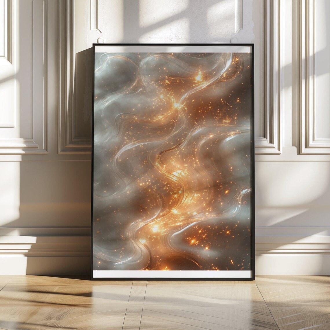 Golden Embers Swirling Through Silver Smoke Abstract Art Poster