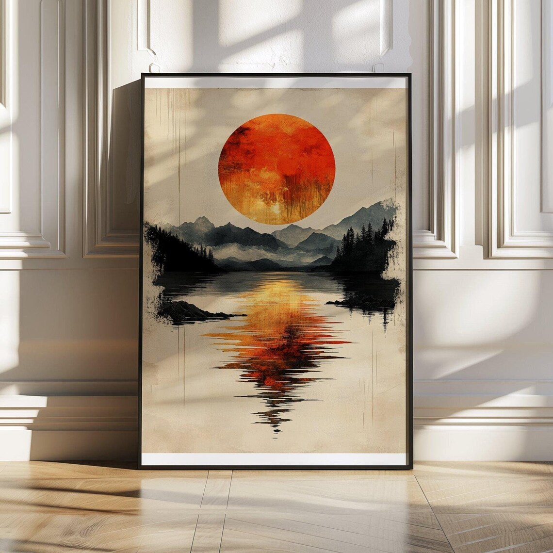 Crimson Sun Rising Over a Misty Mountain Lake With Reflection Poster