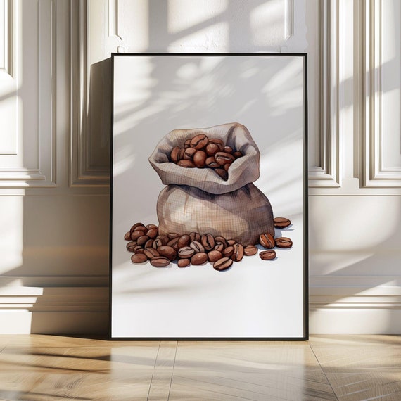 Rustic Coffee Beans Sack Watercolour Print Vintage Kitchen Wall Art Farmhouse Decor Coffee Lover Gift Country Home Dcor Art