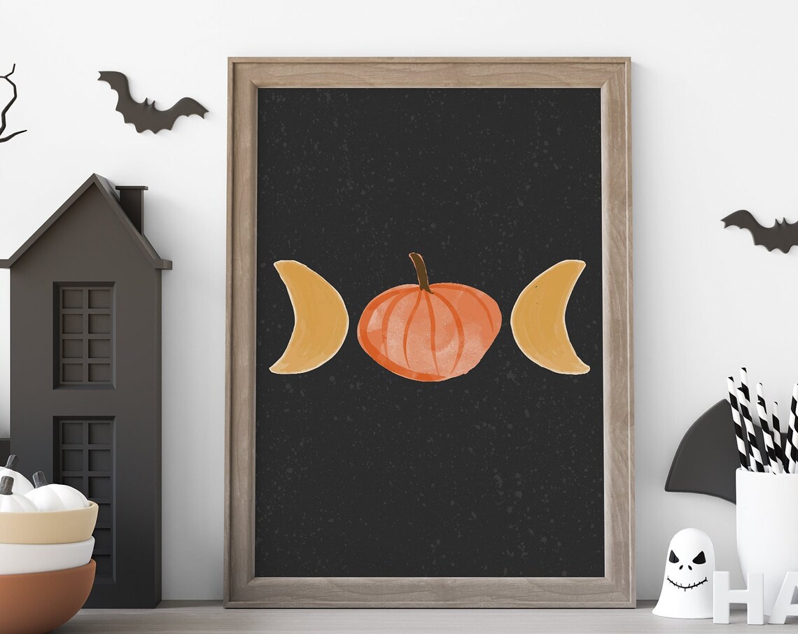 Pumpkin Moon Phase Art Print, Boho Modern Art