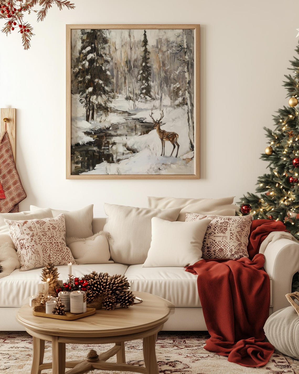Winter Deer by Forest Stream in Snowy Pine Woods Painting Poster - Image 2