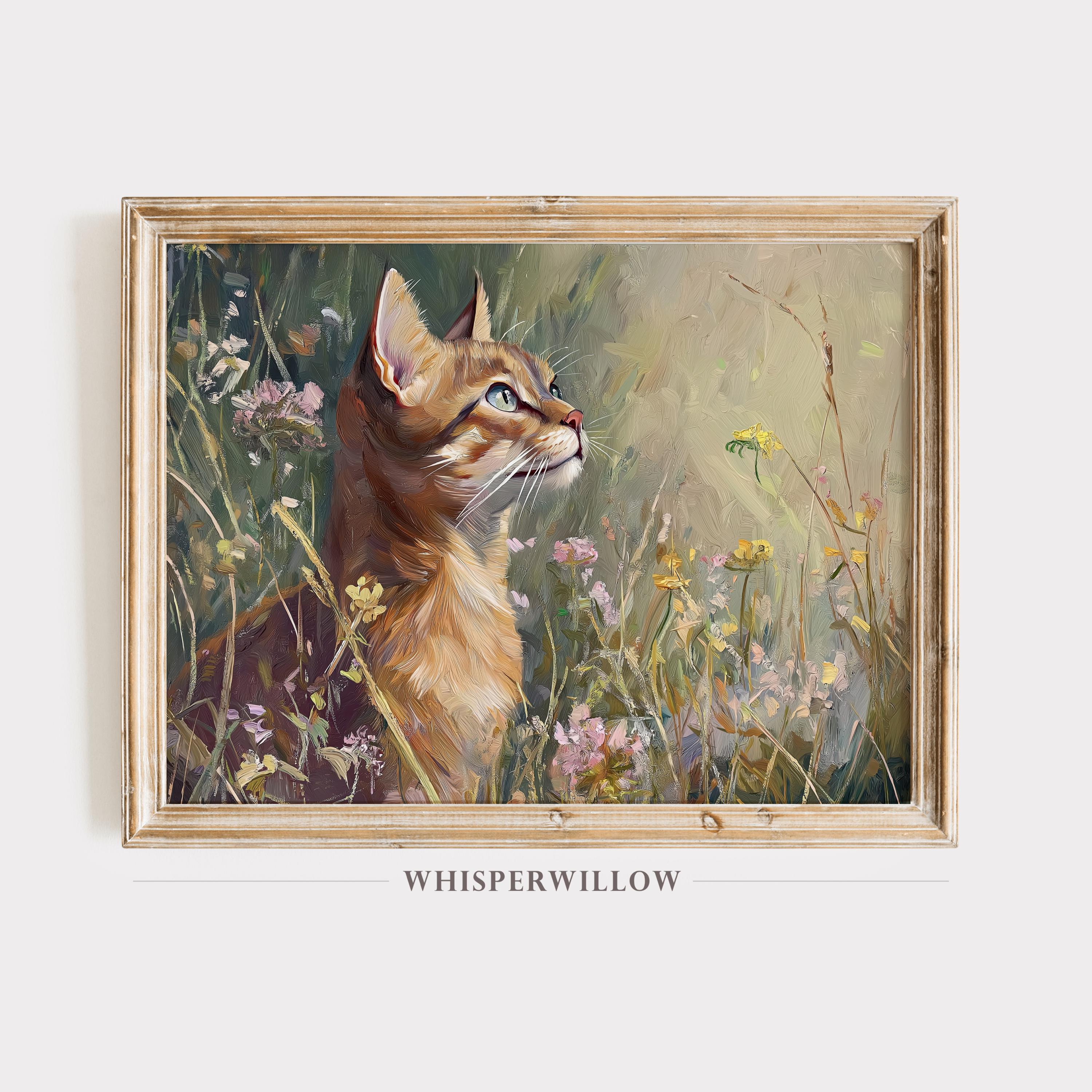 Abyssinian Cat Gazing Upward Wildflower Meadow Side Profile Painting Poster