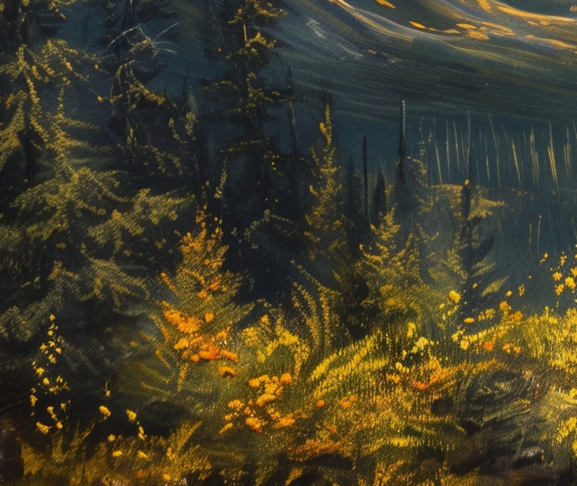 Golden Mountain Valley at Sunset with Pine Forests Painting Poster - Image 6