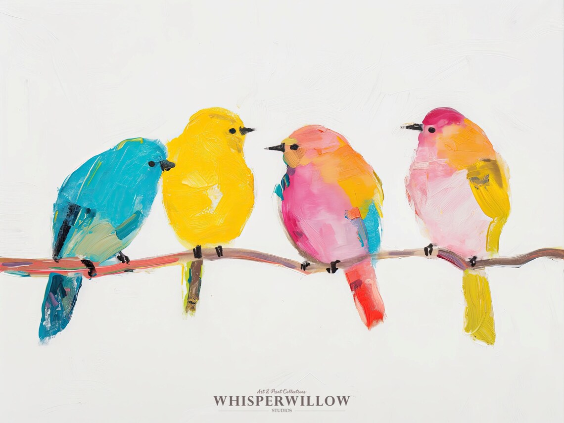 Colorful Birds On Branch Landscape, Wildlife Art Print - Image 6