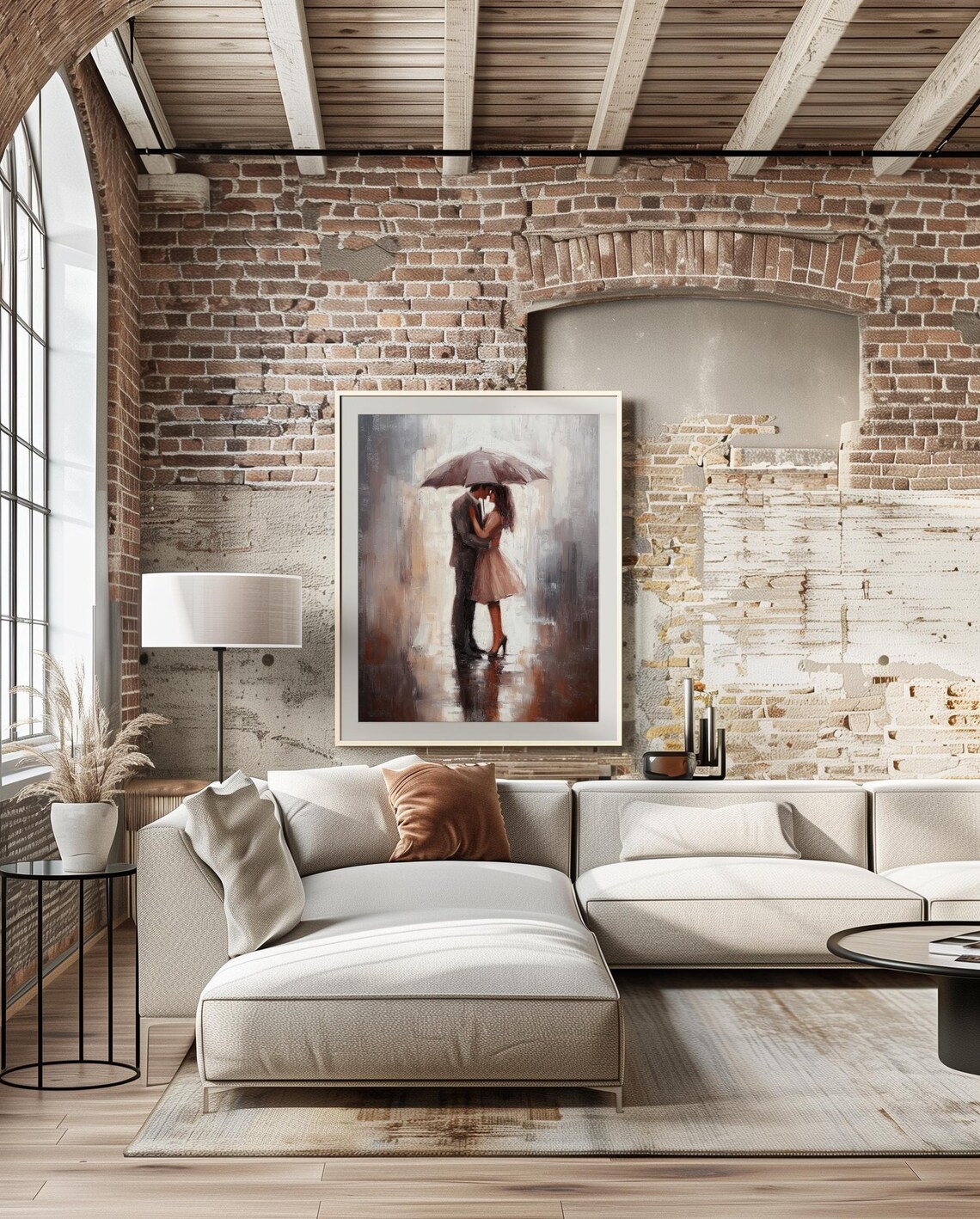Romantic Couple Sharing an Umbrella in the Rain Oil Painting Poster - Image 2