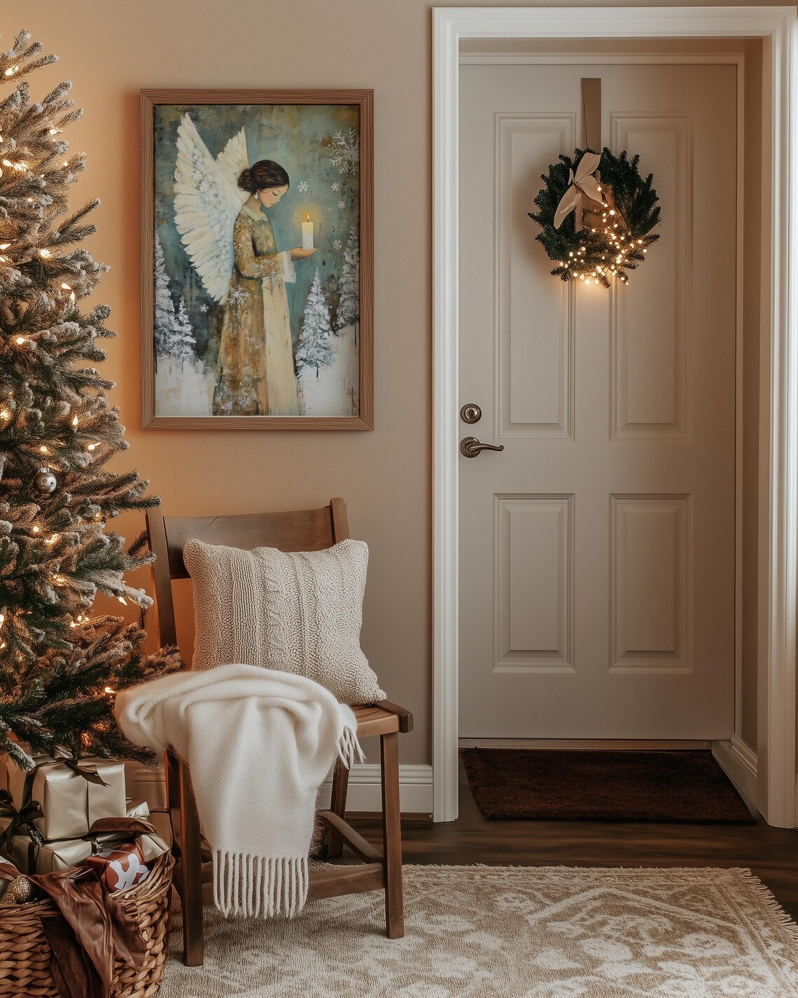 Winter Holiday Angel Candle Snowy Pines Snowflakes Peaceful Wall Art - Image 5