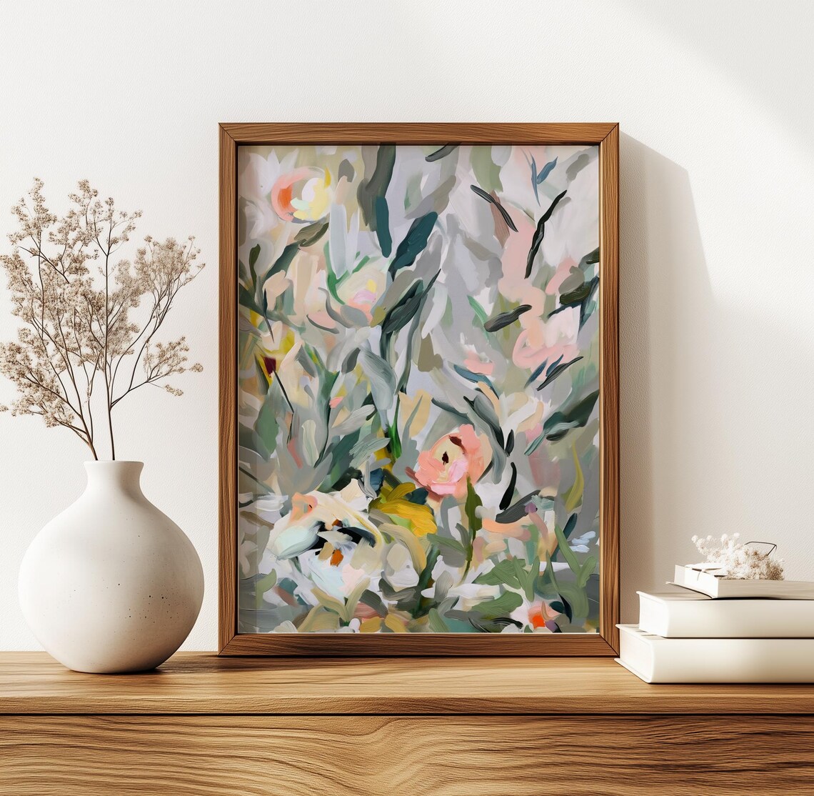 Abstract Spring Flowers Sage Green Pink Floral Painting Poster - Image 3