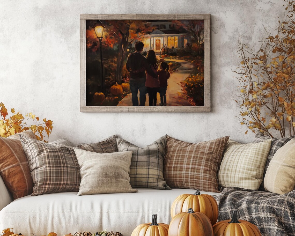 Cozy Autumn Evening Family Walk Painting Warm Fall Night Poster - Image 3