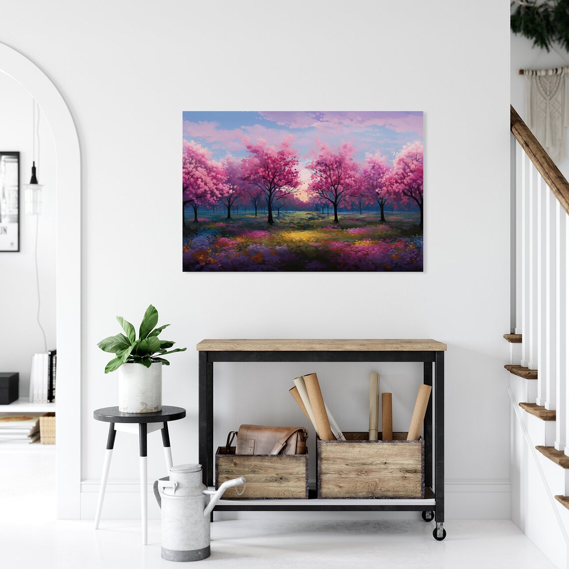 Cherry Blossom Trees Painting, Spring Landscape Art - Image 4